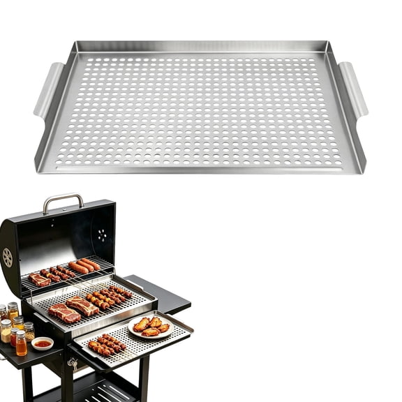 XINGAG Stainless Steel BBQ Grill Tray With Perforated Drain Holes,Rectangular Grilling Topper Pan With Side Handles,Outdoor Barbecue Accessory For Meat Seafood Vegetable Cooking