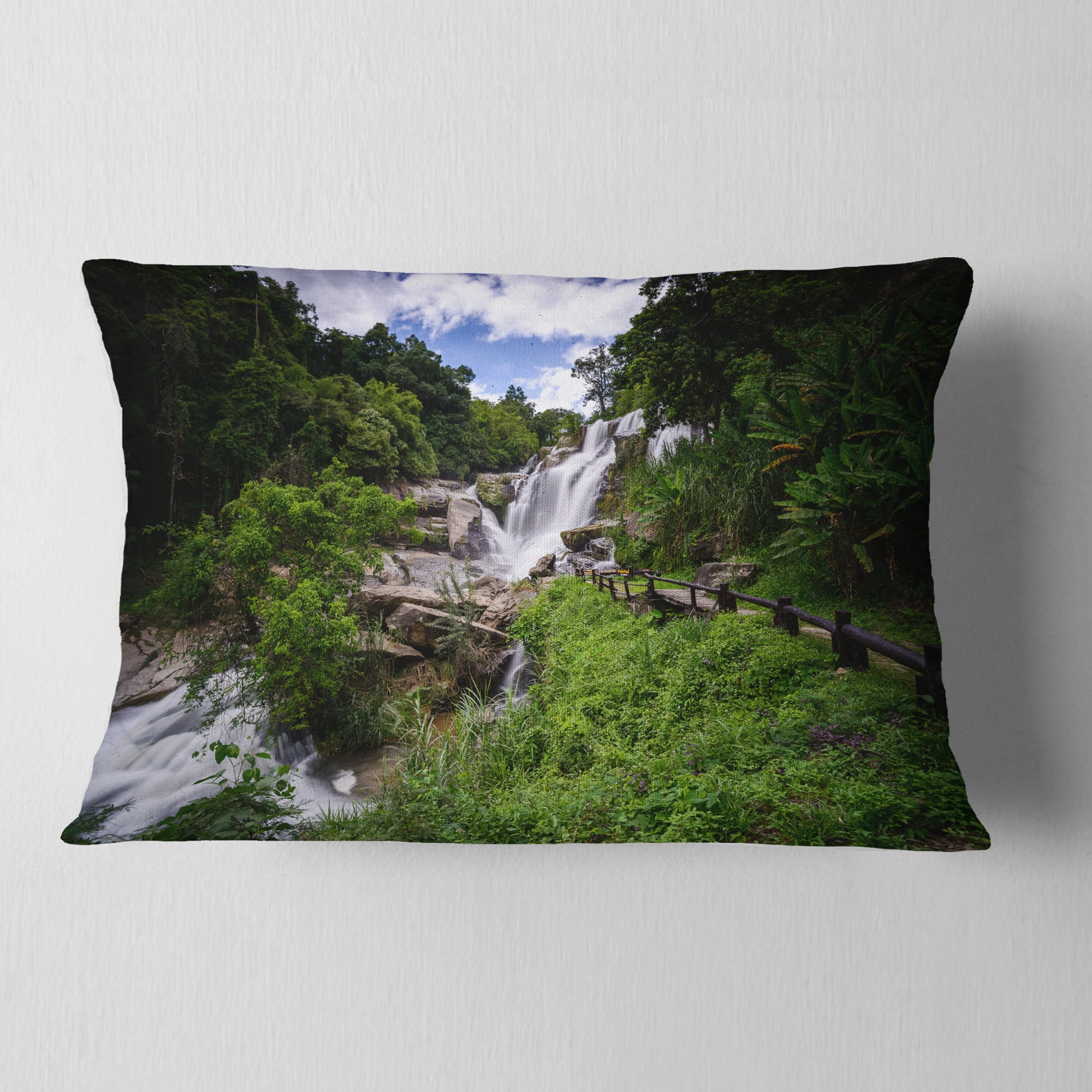 Designart Mae Klang Waterfall Thailand - Landscape Printed Throw Pillow - 12x20