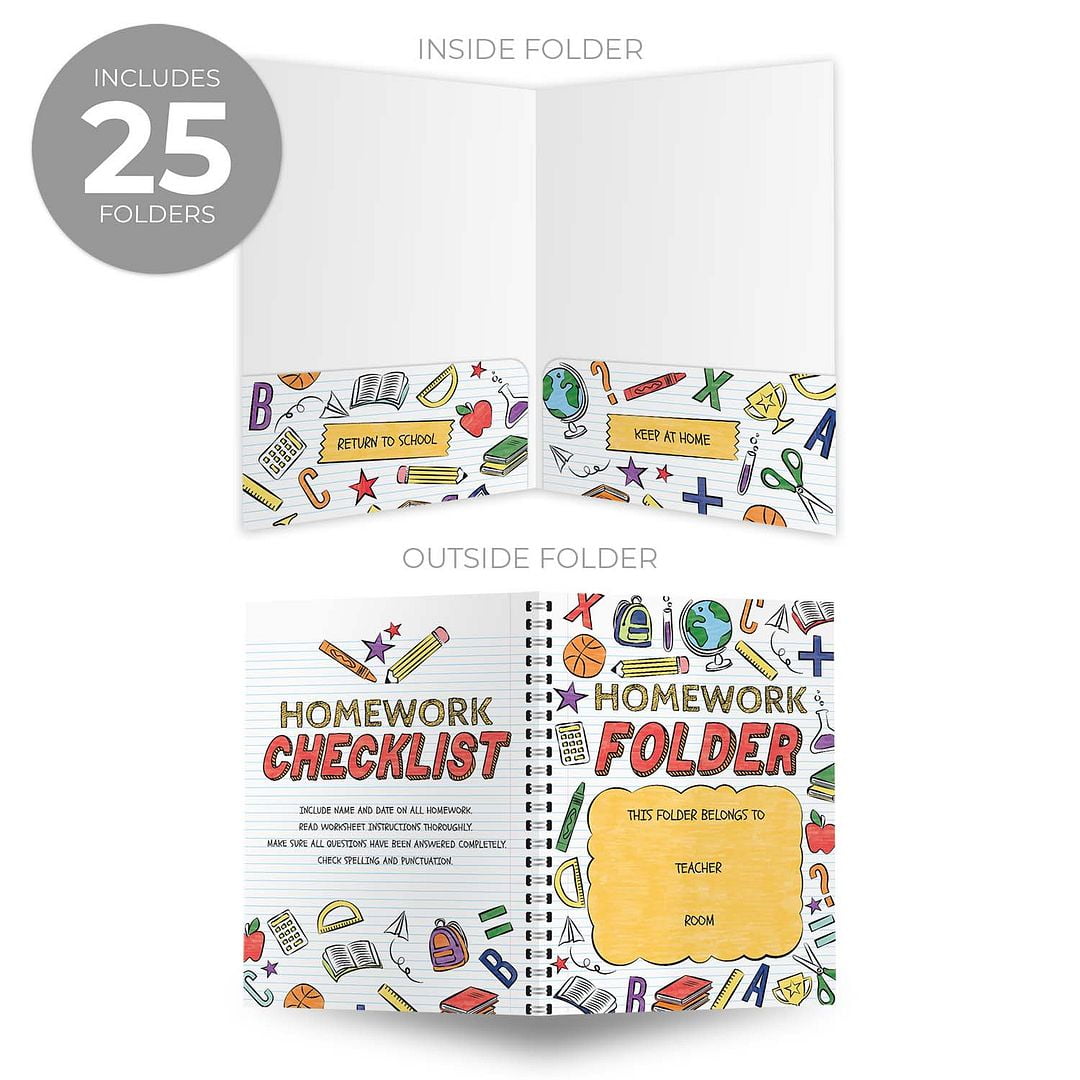 Homework Doodle Folders / 25 Colorful Classroom Student Folders / 9" x 12" School Teacher 2 Pocket Organizational Desk Folder Pack / Made In The USA
