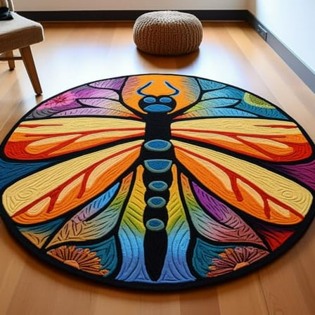 Latch Hook Round Rug Kits Colorful Dragonfly for Beginner Needle Crochet Yarn Kits Embroidery Carpet Hook and Latch Kit Tapestry Christmas Home Decoration 45x45cm(6)