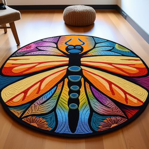 Latch Hook Round Rug Kits Colorful Dragonfly for Beginner Needle Crochet Yarn Kits Embroidery Carpet Hook and Latch Kit Tapestry Christmas Home Decoration 45x45cm(6)