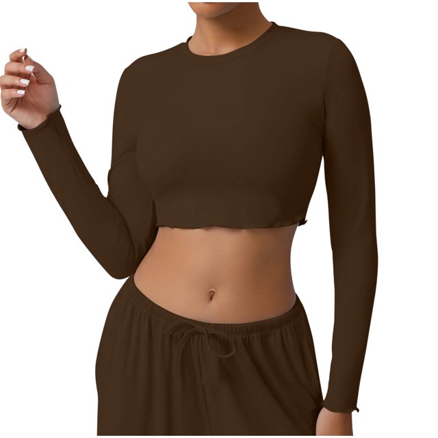 JGGSPWM Hauts Courts à Manches Longues pour Femmes Entraînement Vêtements de Base pour Femmes Ajustés Ajustés Unis Col Rond Mignons Chandails de Yoga Brun m