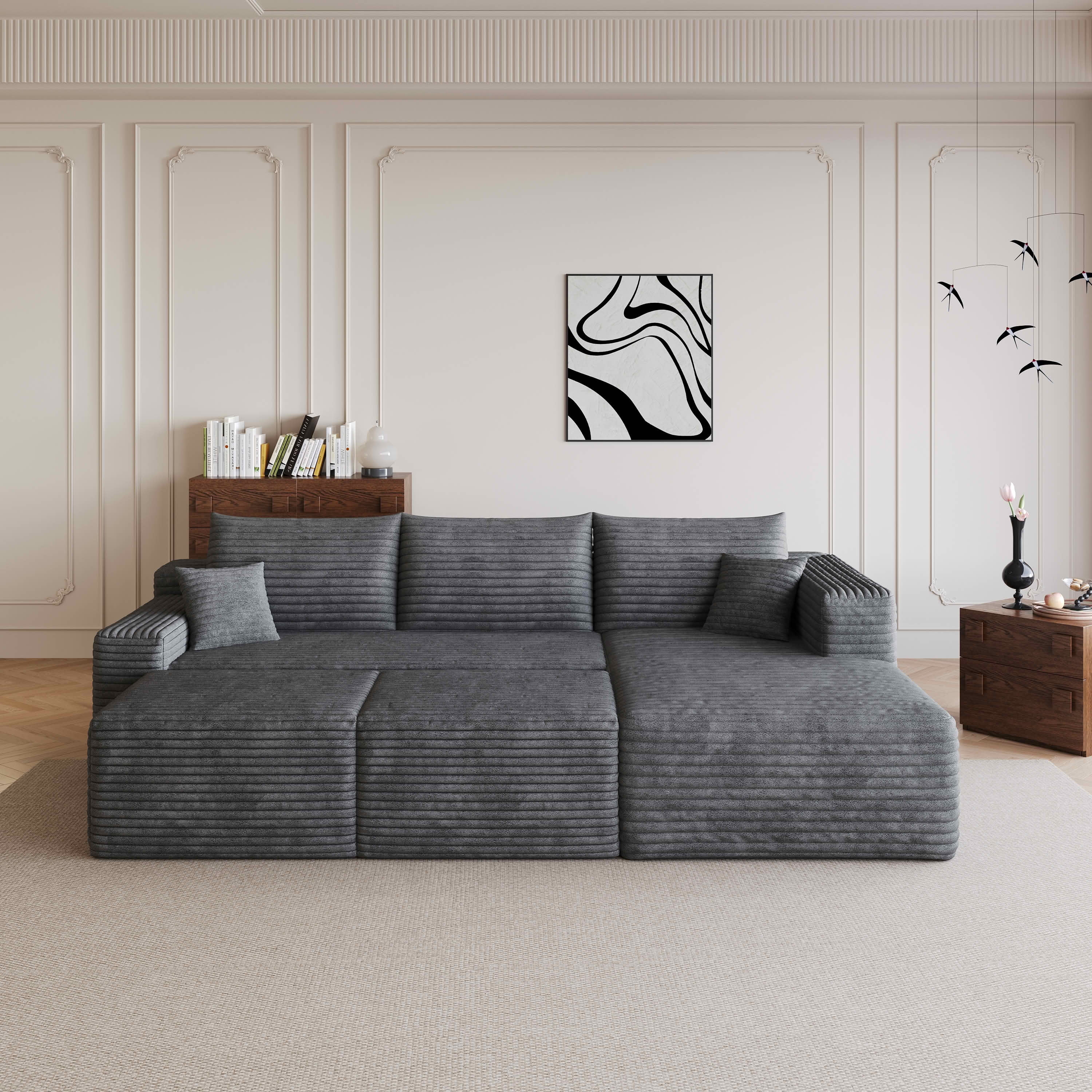 MAYEERTY 95 Inch U‑Shaped Cloud Sectional Sofa with 2 Ottomans, Modern Deep‑Seat Corner Couch, Plush Corduroy Reversible Sofa, No‑Assembly for Living Room Bedroom Apartment