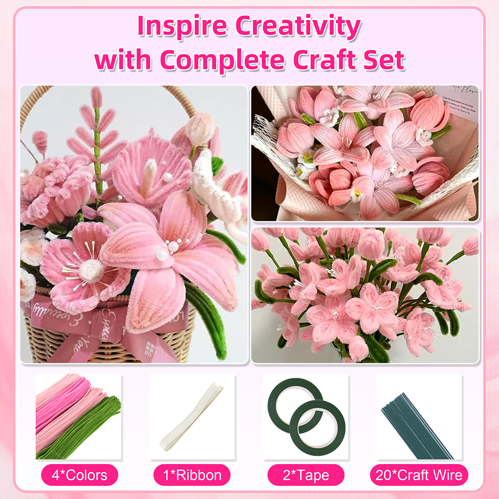 Yucurem 400PCS Pipe Cleaners Craft, 4 Assorted Colors Pipe Cleaners Bulk, Chenille Stems for DIY Flower Making Kit with Floral Wires, Gardening Tape,Stamen& Ribbon (Pink)
