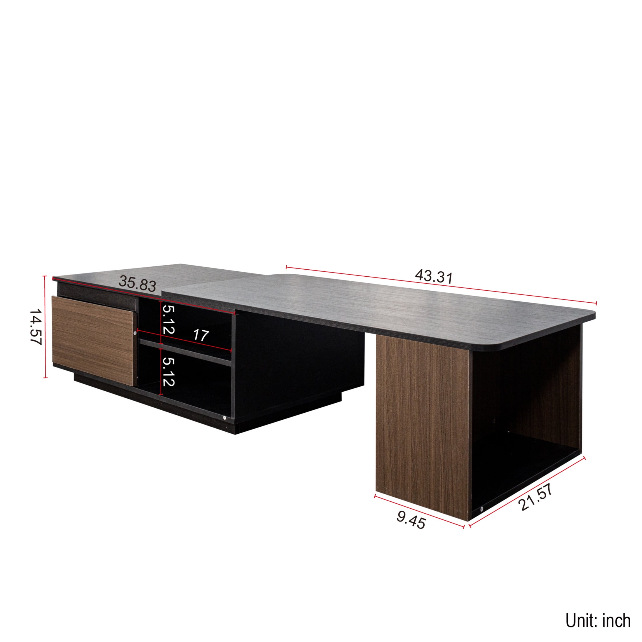 Noble House Kael 47.2" Extendable Coffee Table, Adjustable Length, Storage Drawers, Wooden Center Tea Table, Walnut