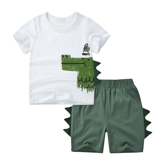 Baby Boy Summer Clothes Summer Kids Toddler Cartoon Crocodile Pattern Round Neck Short Sleeve T Shirt and Shorts Two Piece Set Outfit Boy White 18 Months-24 Months