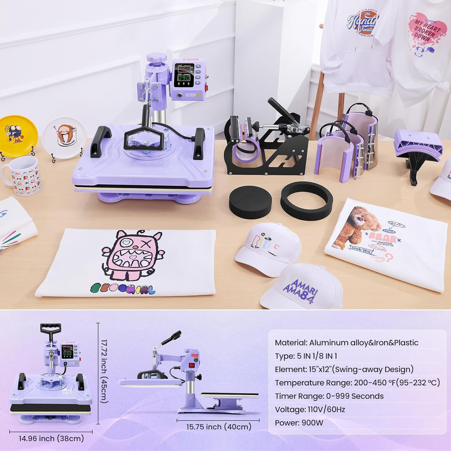 Adnoom 8 in 1 Heat Press Machine Combo, 15"x12" Sublimation Heat Transfer, 360°Swing Away, Digital shirt Press Machine for Hat Cap Mug Plate,Purple