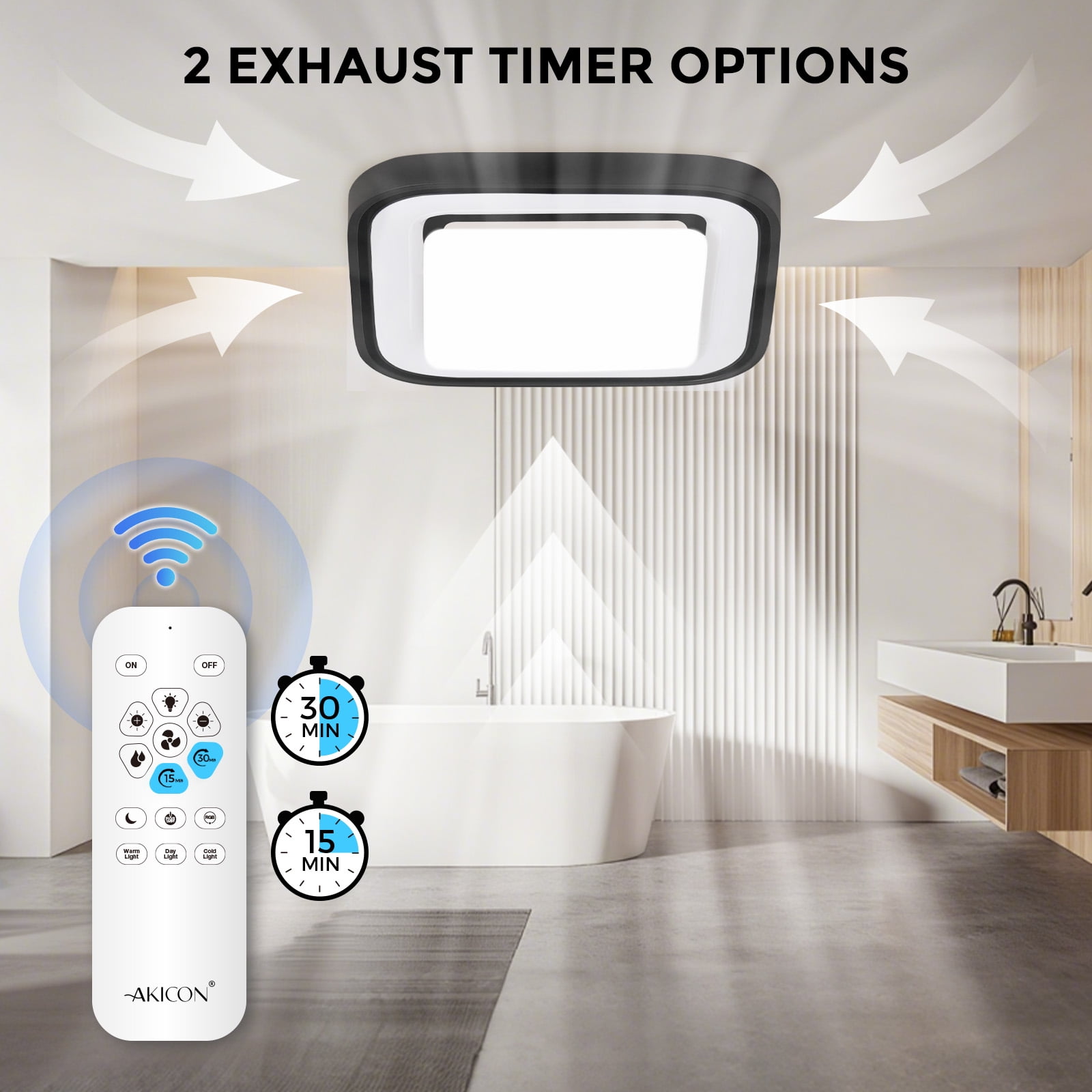 Akicon Bathroom Exhaust Fan with RGB LED Light, 110 CFM 1.5 Sone Ultra Quiet Bathroom Vent Fan for Ceiling, 3CCT Dimmable Light & Nightlight, Remote Control, Square, Black