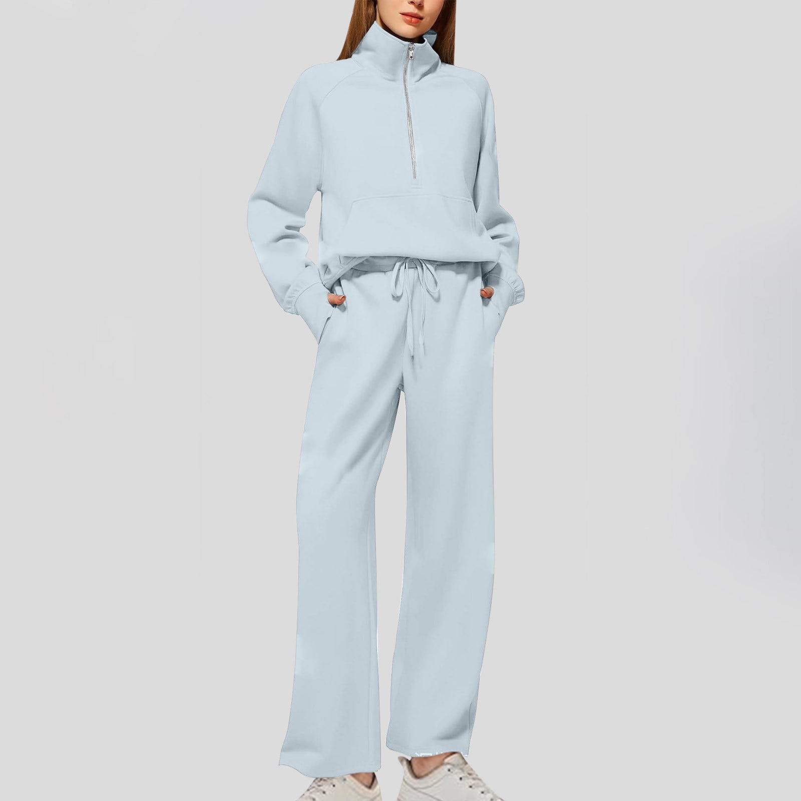 Cotton Linen Lounge Sets for Women 2 Piece Solid Color 2 Piece Outfits Set for Women Women's Solid Color Casual Zipper Long Sleeved Pants Wide Leg Set