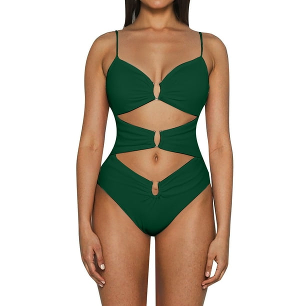 WILLBEST Traje de Baño Completo Mujer 2025 Nuevo Traje de Baño Color Sólido Cuello Halter U Hebilla Bikini de Mujer