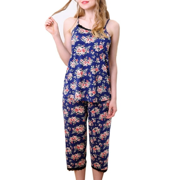 Doublju Women's Sleeveless Lace Top Capri Pajama 2 Pcs Set (Plus Size Available)