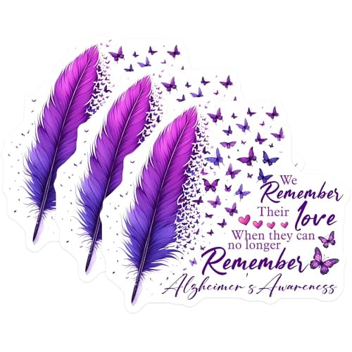 (3 Pack) Alzheimer's Awareness Decals - Butterfly Memory Decals - Purple Feather Remembrance - 3 Inches On Longest Side - Easy Peel & Apply - Made in USA - 3MCS8550