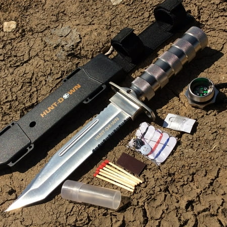 Hunt-Down 12 Chrome Color Fixed Blade Survival Knife - Survival Kit Compass 9826