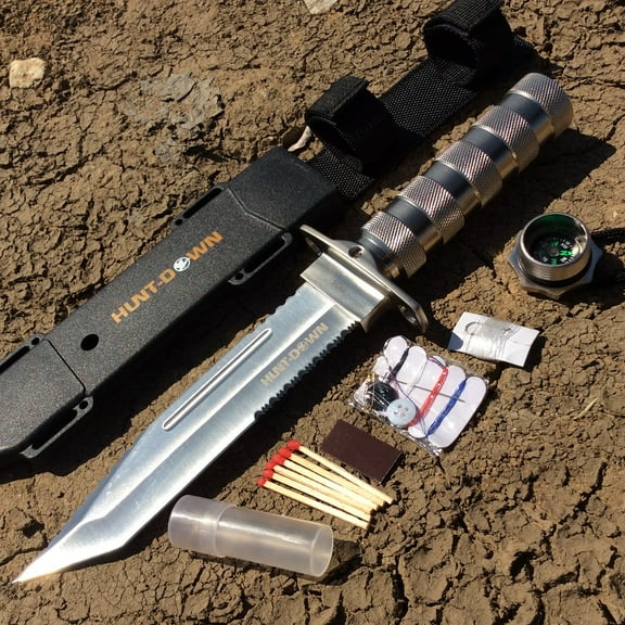 Hunt-Down 12" Chrome Color Fixed Blade Survival Knife - Survival Kit Compass 9826