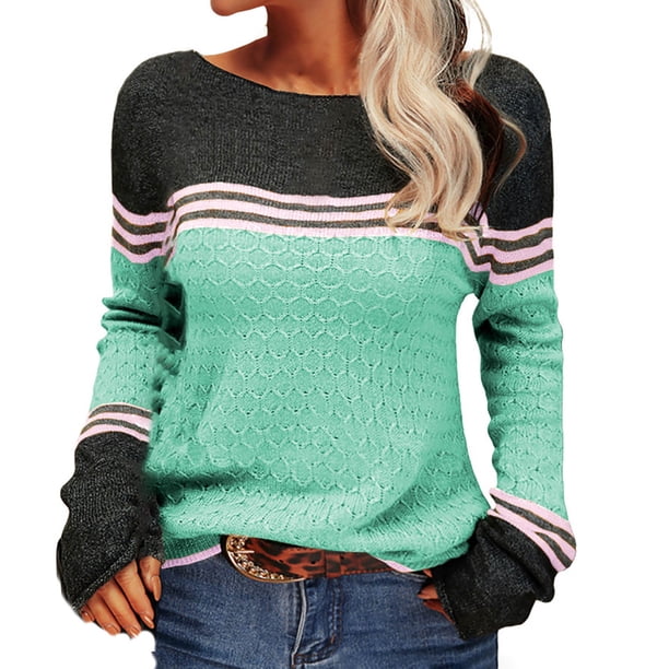 Suéter de Punto Gibobby de manga larga Mujer Top de ganchillo Floral elegante cuello Redondo a rayas Otoño Invierno (Glauco S)