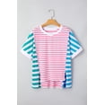 thumbnail image 3 of Trendy Women's Pink Stripe Mixed Pattern Patchwork Tee with Uneven Hem | [ZhiHiMeRi] | (US 12-14)L, 3 of 9