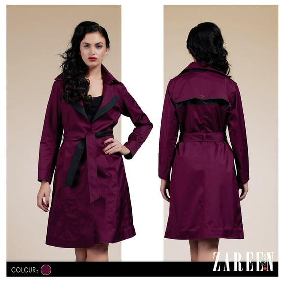 Zareen Waterproof Trench Style Jacket with Belt-Plum-L