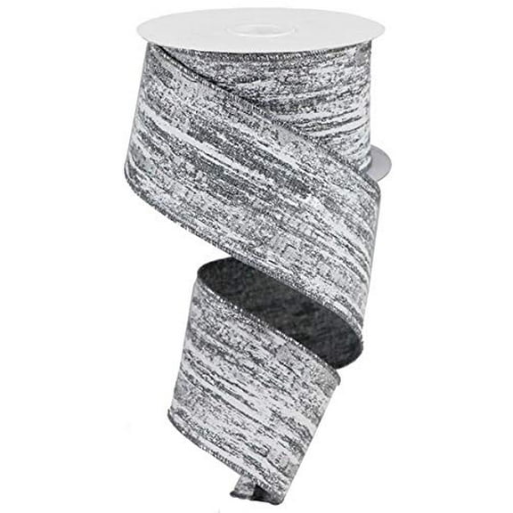 Christmas Glitter Metallic Streaks Canvas Wired Edge Ribbon - 10 Yards (Grey, White, Silver, 2.5")