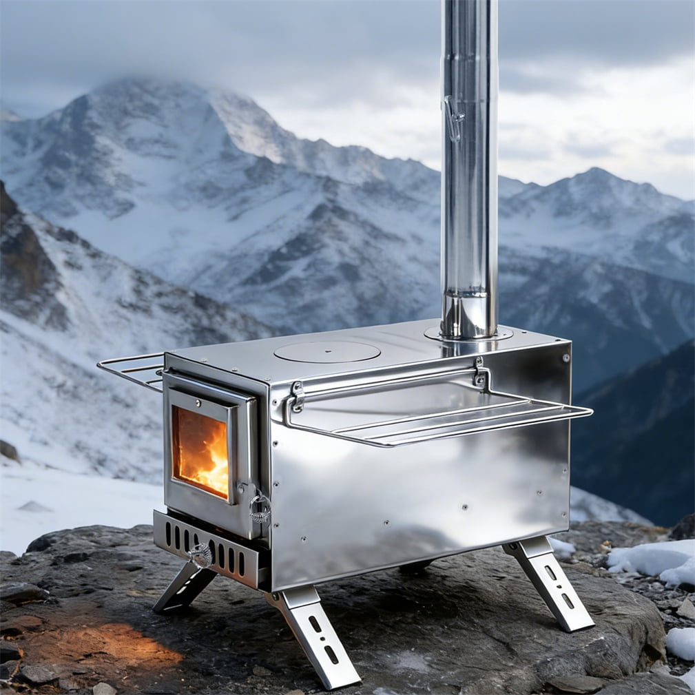 Unho Stainless Steel Wood Stove Wood Burning Stove with Elbow Pipe for Heating Camping Hiking Fishing Cooking