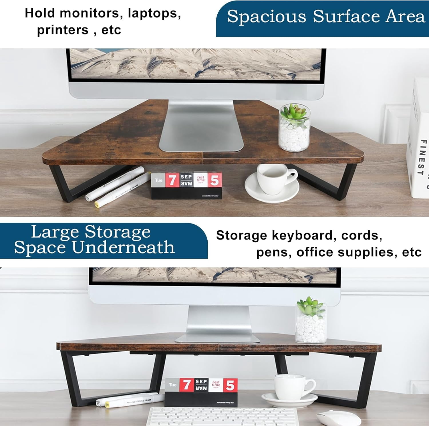 26 inch Triangle Monitor Stand Riser, Desktop Corner Shelf with Metal Leg Wood Computer Stand with Storage Laptop Riser Office Organization