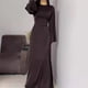 thumbnail image 3 of Vestido largo de seda con cuello redondo para mujer, falda ajustada de satén con manga acampanada y cordones, vestidos elegantes de fiesta de noche, 3 of 5