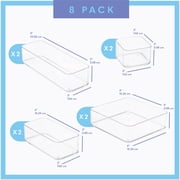 Eight Piecs. Plastic Clear Drawer Organizers for Bathroom, Kitchen, Bedroom, Office Organizer Bins, Storage Trays. Heavy Duty, Stackable 4 Sizes