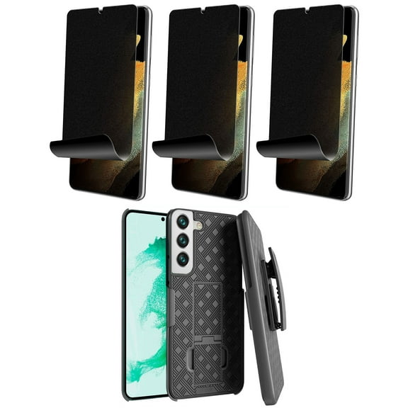 Belt Clip Case and 3 Pack Privacy Screen Protector for Samsung Galaxy S21 Plus - Swivel Holster TPU Film Kickstand Cover Anti-Peep Anti-Spy