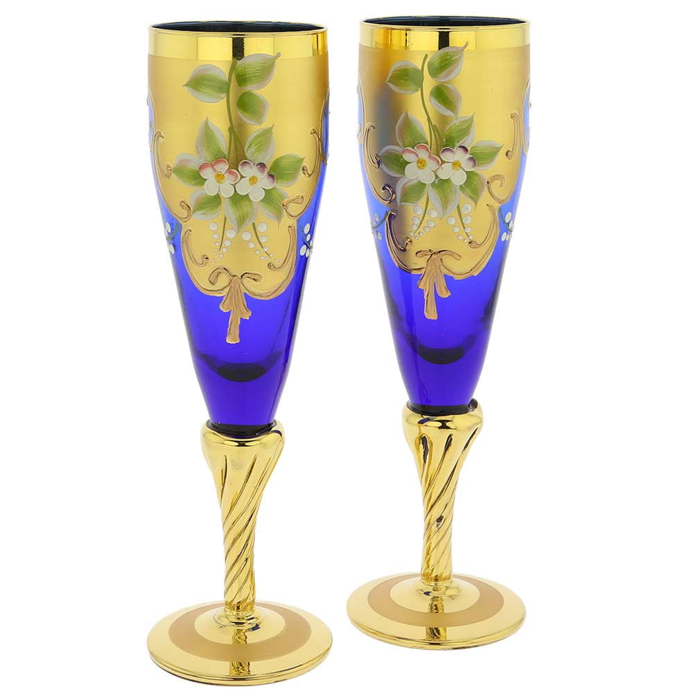 Blue GlassOfVenice Set of Two Murano Glass Wine Glasses 24K Gold Leaf