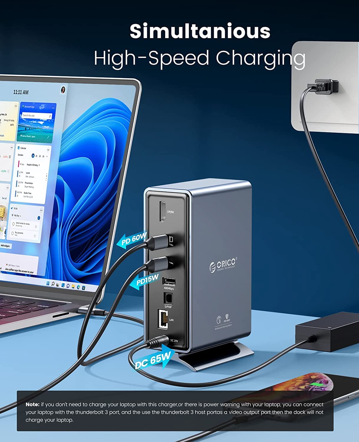 ORICO 15 in 1 USB C Docking Station Dual Monitor USB C Hub with Thunderbolt 3 Dock, Single 8K & Dual 4K Display, DP1.4, 3*USB 10G, Optical Out, SD/TF, Audio, RJ45 Docking Station for Macbook & Windows