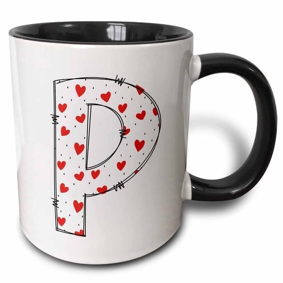 3drose, Cute Red and White Hearts Valentine Monogram Initial P, 15oz Two-tone Black Mug