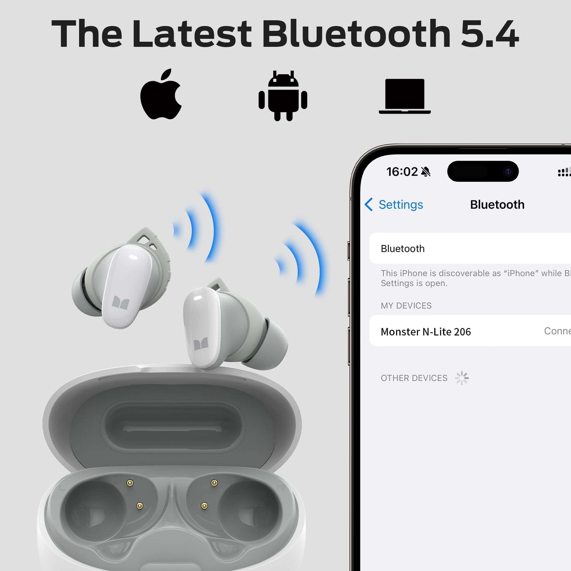 Monster Bluetooth Earbuds, True Wireless Earbuds with Clear Talk, Bluetooth 5.4 Earphones Headphones Built-in Mic, Touch Control, Comfortable Fit, Type-C Charging, 25H Playback, White