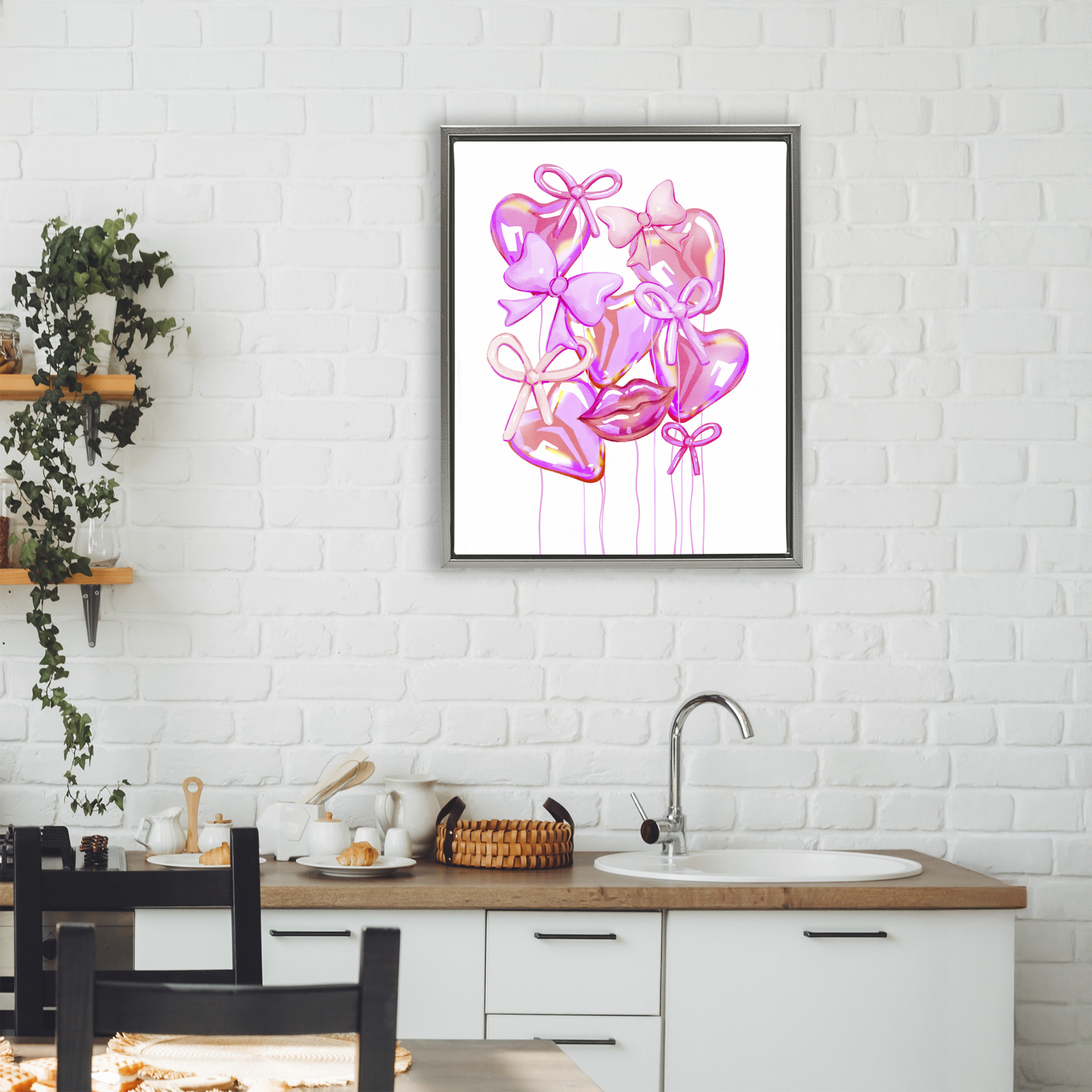 Pink Heart and Bow Balloons Gray Framed Floater Canvas Wall Art, design by Ziwei Li