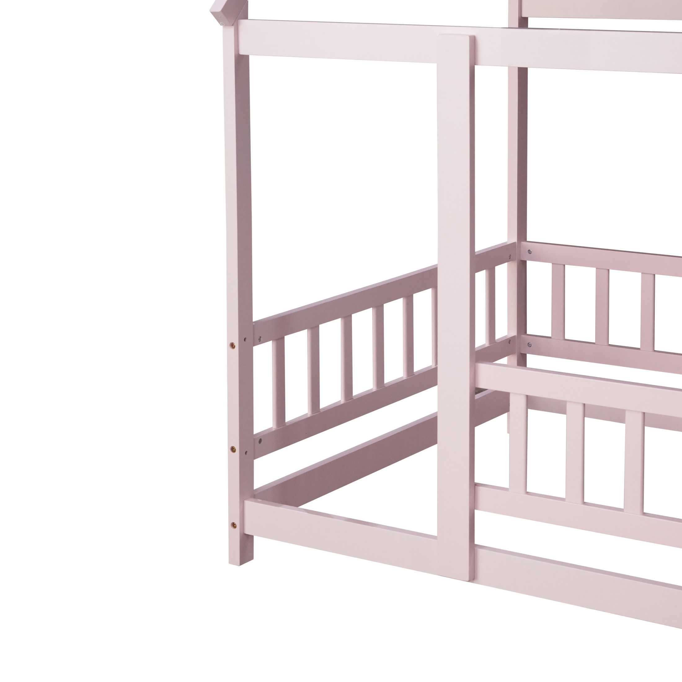 Noble House Travis Twin House Floor Bed with Roof Frame and Safety Fence, Sturdy Wood Montessori Bed, Pink