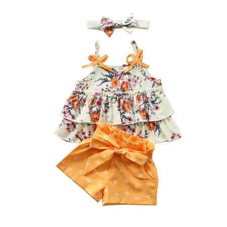 

Newborn Baby Girl Summer Short Sets Ruffled Floral Print Sleeveless Top with Yellow Elastic Shorts Headband Set