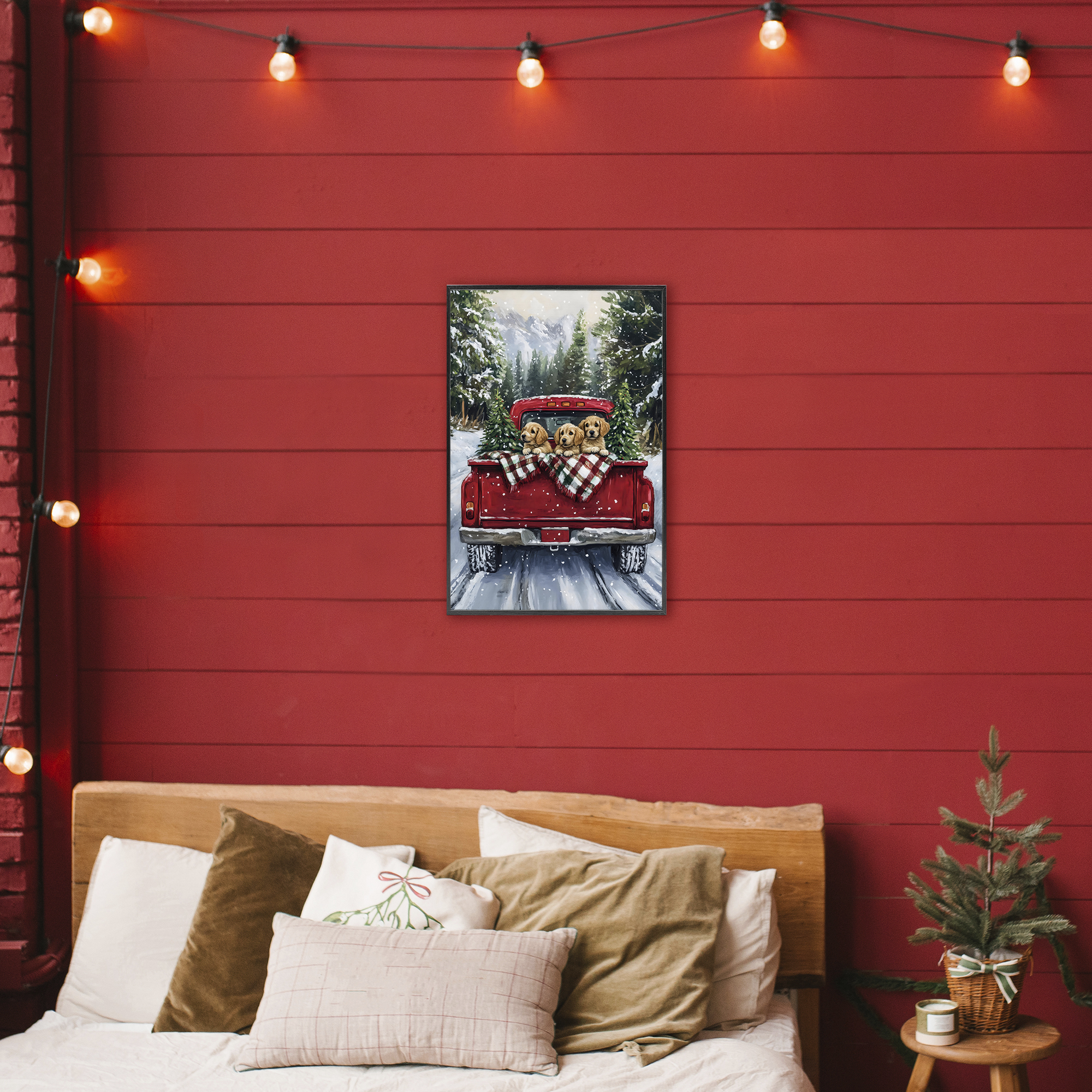 Golden Pups Christmas Truck Black Framed Giclee Art, design by Petal Prints Design