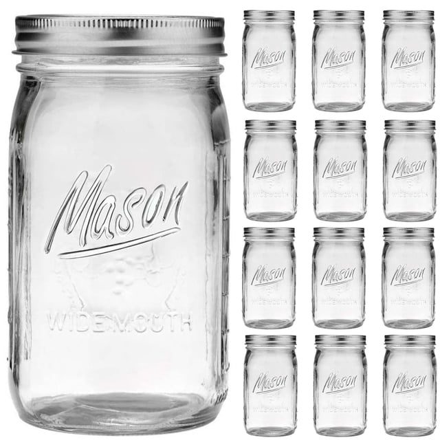 Mason Jars Esrentle, boca ancha, 12 paquetes de vidrio con tapas y correas