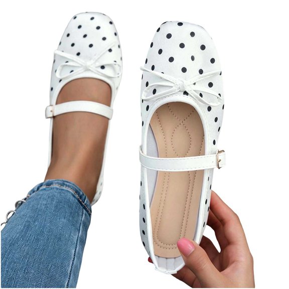 Purcolt Mary Jane Shoes for Women Trendy Elegant Bowknot Polka Point Square Toe Slip On Ballet Shoes Comfort Casual Soft Sole Flat Shoes with Buckle Strap