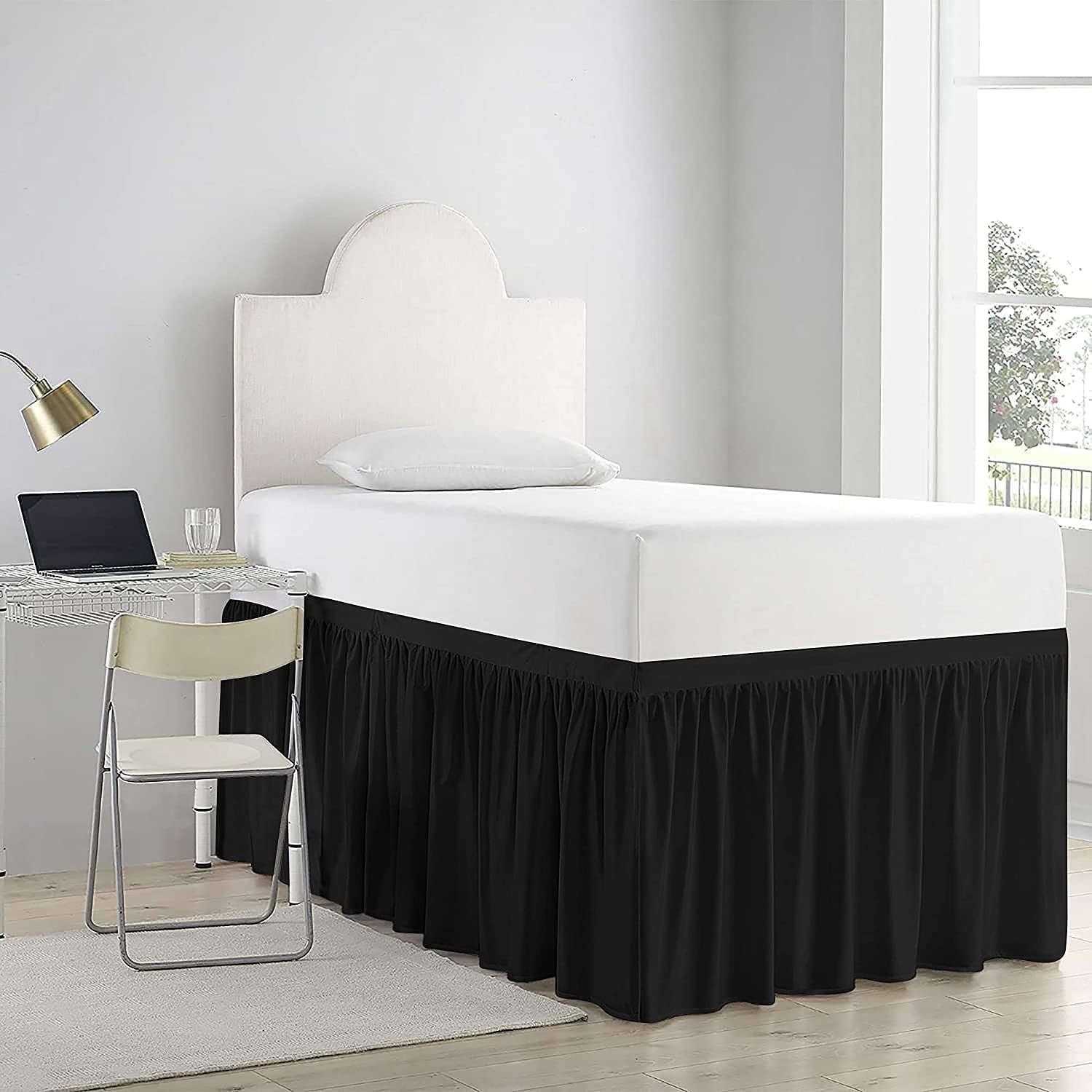 Mictong Dormitory Bed Skirt, Extra Long University Dormitory Bed Skirt with 32 inch dangling edge, ruffle edge Dormitory Bed Skirt, Elastic Bed Skirt, Easy to Install, 1 piece, Black
