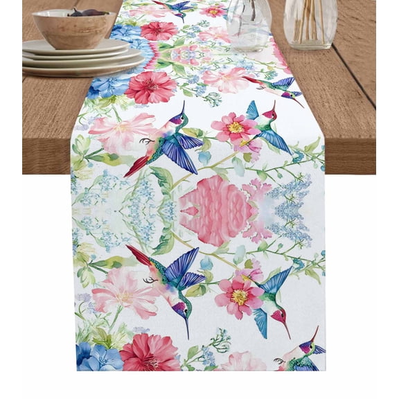 Watercolor Hummingbird Table Runner 70 Inches, Colorful Pink Blue Flowers Bed Runner Dresser Scarves Tabletop for Indoor Outdoor Parties/Ceremony/Banquet, 13" x 70"