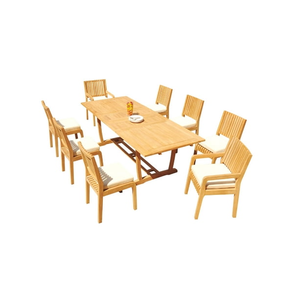 Grade-A Teak Dining Set: 8 Seater 9 Pc: 94" Mas Rectangle Trestle Leg Table And 8 Maldives Chairs (2 Arm & 6 Armless Chairs) WholesaleTeak #51ML2109