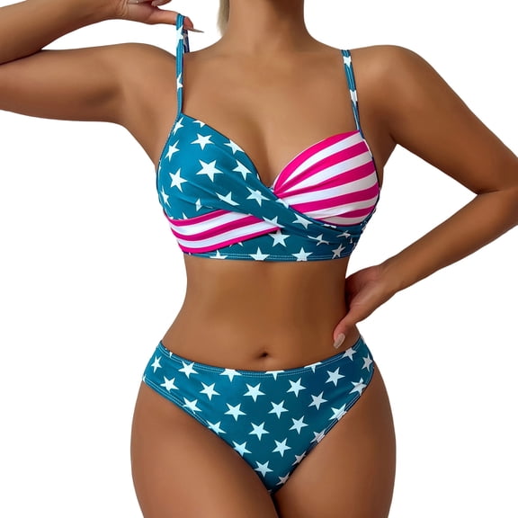 Oplxuo Women's American Flag Bathing Suit 2 Piece High Waisted Thong Swimsuit Summer Cheeky Bikini Sets Swim Wear