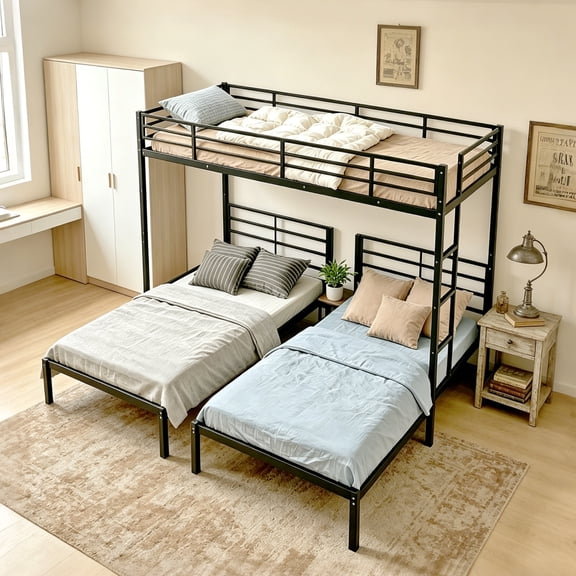Metal Triple Bunk Bed, Twin Over Twin Over Twin Bunk Bed Frame with Guardrails and Ladder, Heavy Duty Separates Into 3 Individual Beds, Space-Saving Guest Ready Solution for Bedroom Dormitory, Black