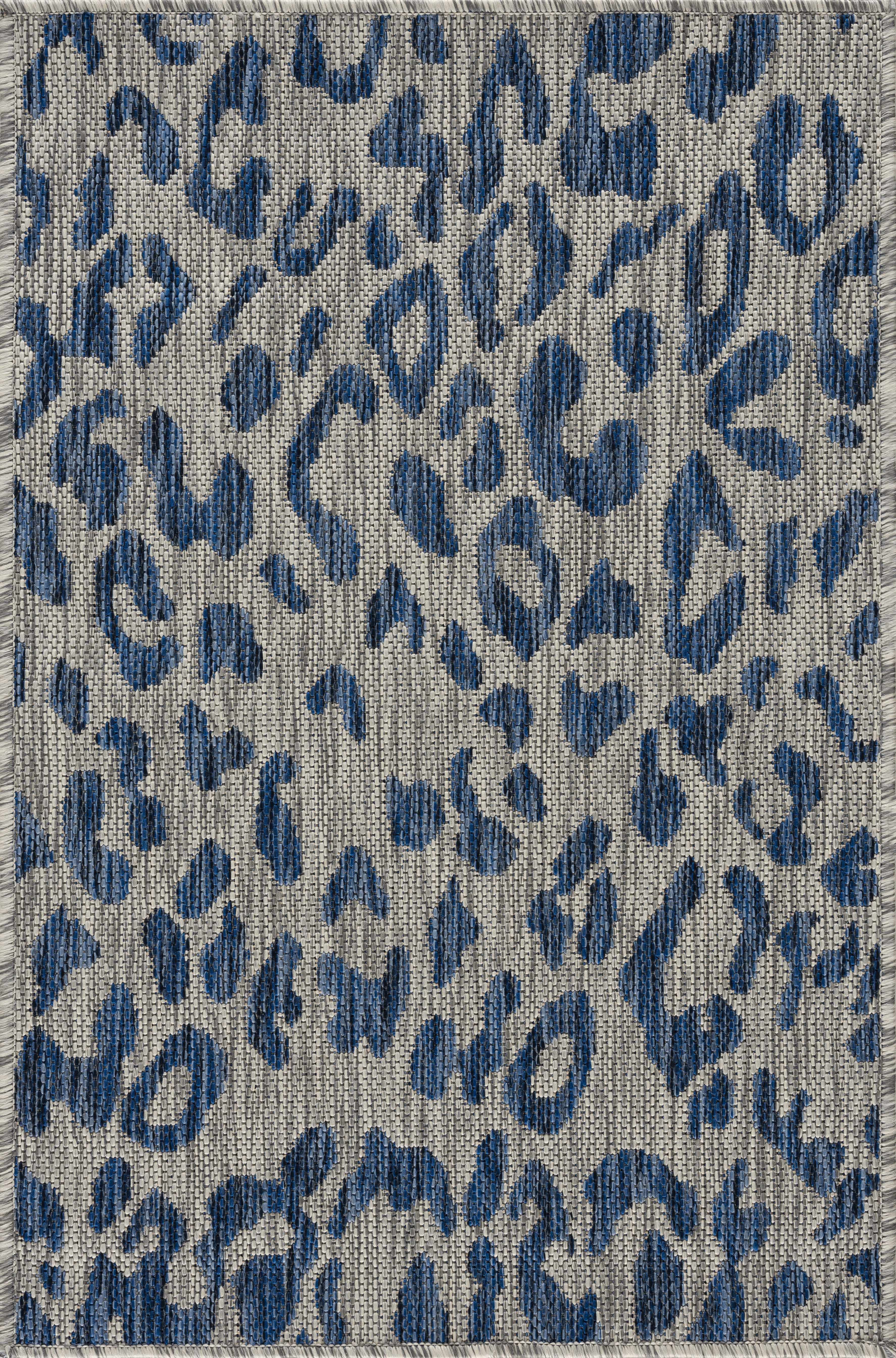 Hauteloom Skipsea Animal Print Living Room Bedroom Dining Room Outdoor Round Area Rug - Porch Patio Rug - Leopard Print - Blue, Gray - 5'3" Round
