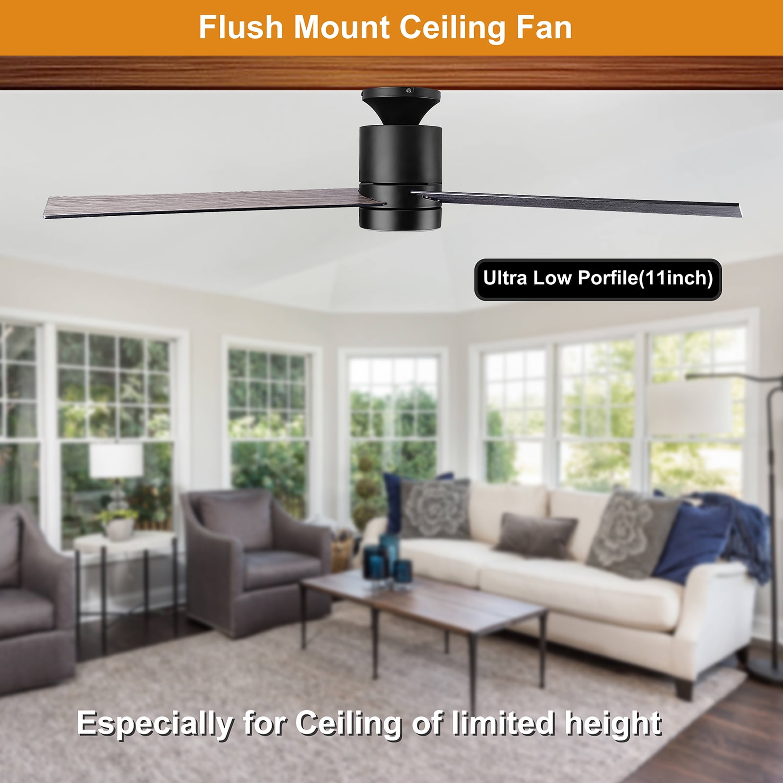 Ohniyou 52 " Flush Mount Ceiling Fans with Light and Remote Low Profile 3 Blades Outdoor Ceiling Fan for Patio Kitchen Bedroom, Black