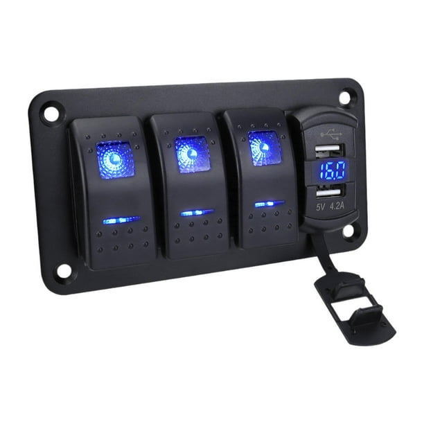 Panel de interruptores basculantes de 4,2 A con cargador USB doble, voltímetro de aluminio de alta resistencia para vehículos 4 pandillas