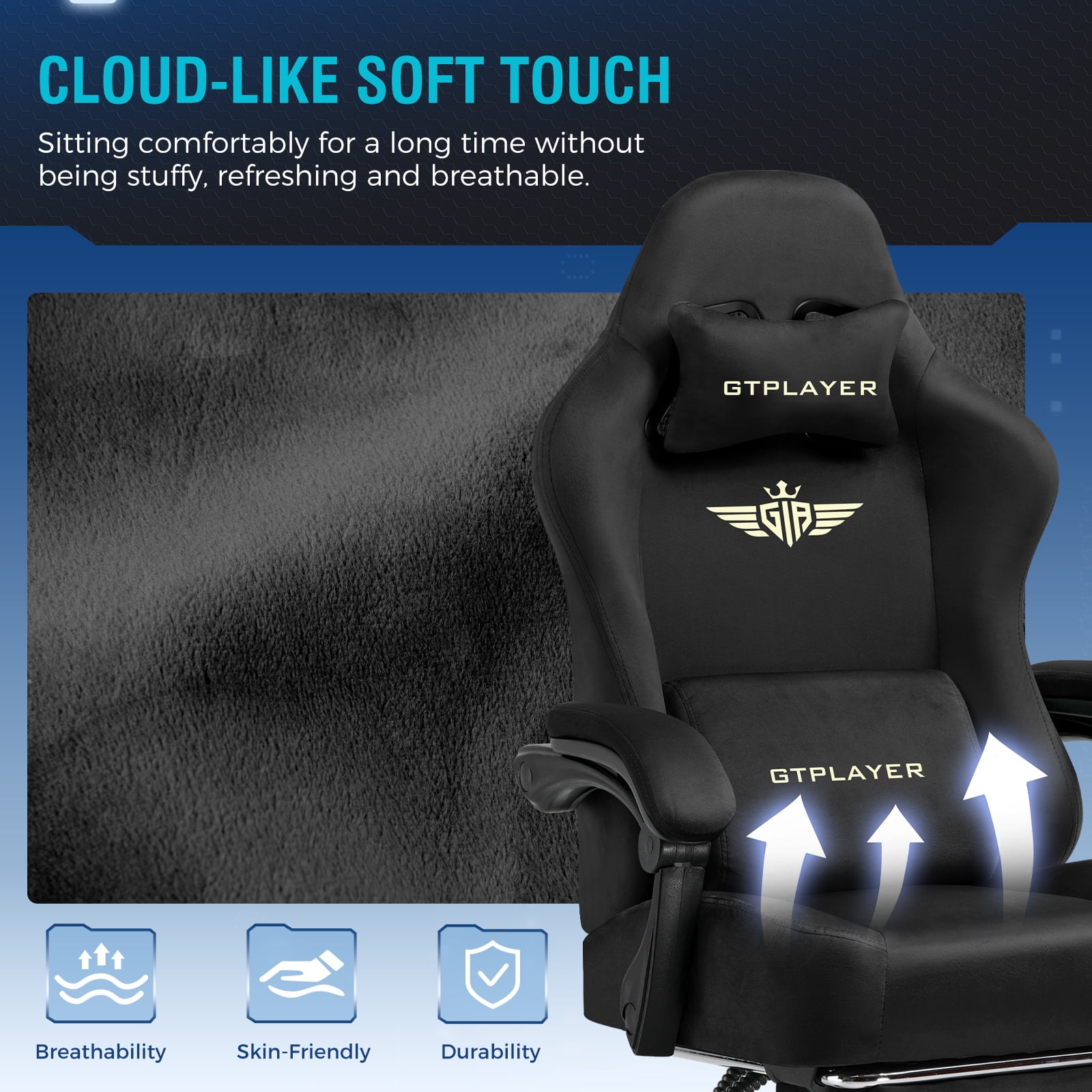 GTPLAYER Big & Tall Fabric Swivel Gaming Office Chair with Pocket Spring Cushion and Footrest, Black