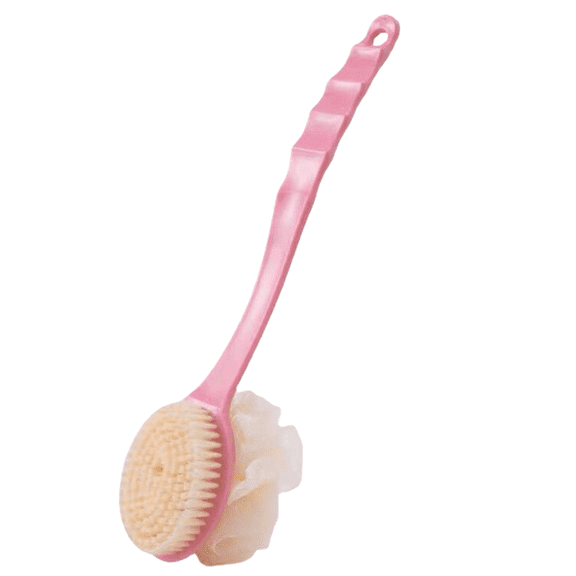 Shower Body Brush with Bristles and Loofah,Back Scrubber Bath Mesh Sponge with Curved Long Handle for Skin Exfoliating Bath, Massage Bristles Suitable for Wet or Dry, Men and Women (Blue)-pink