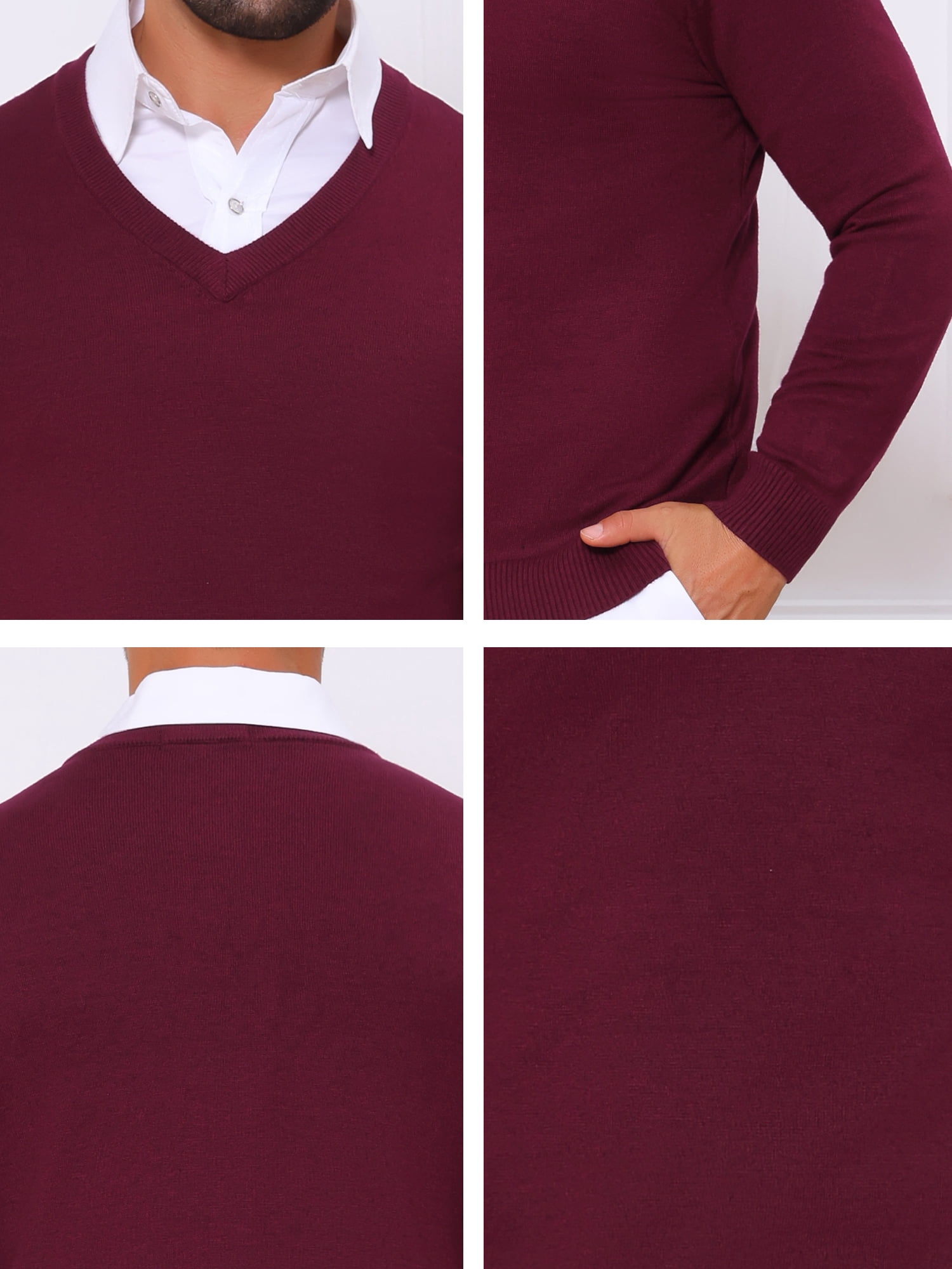 DARING DIVA Men's Long Sleeve V-Neck Solid Knitted Pullover Sweater S Burgundy
