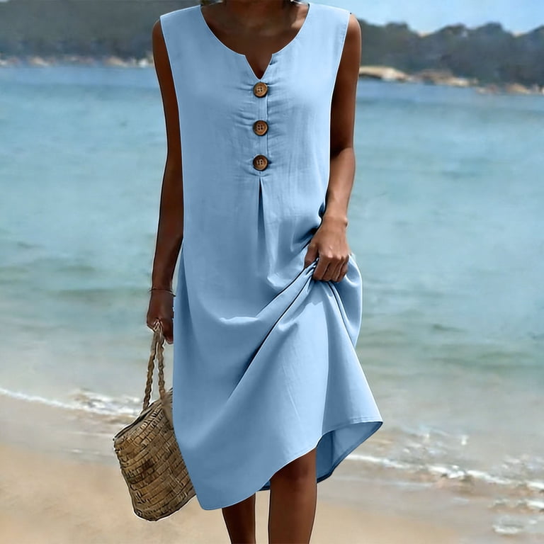 SOOMLON Beach Dresses for Women Casual Summer V Neck Sleeveless Midi Dress Button Sundress with Pockets Pleated Dress