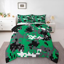 Feelyou Pixelate Miner Full Size Comforter Sets, Retro Green Camouflage Bedding Sets, 3pcs